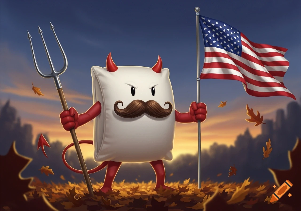 A cartoon devil pillow character with a mustache holds a pitchfork and an American flag in an autumn field.