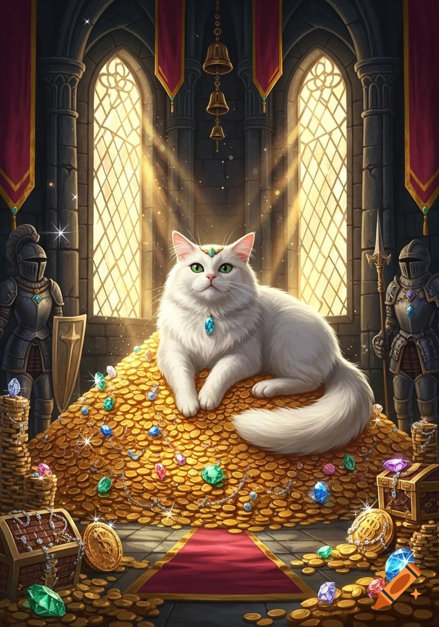 A regal white cat with emerald eyes and a jewel necklace rests on a vast pile of gold coins and colorful gems in a grand castle hall.