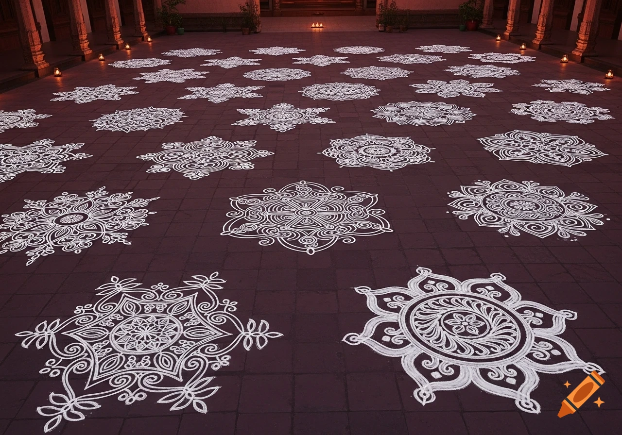 Intricate white Kolam designs adorn a dark tiled floor in a temple-like setting with warm lamp lighting.