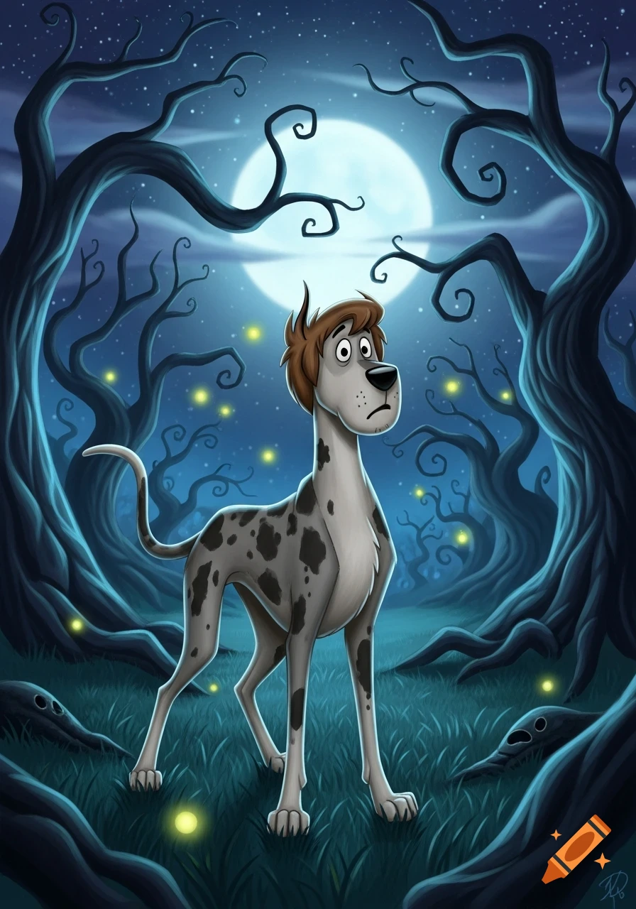A worried cartoon Great Dane-like dog stands in a spooky, moonlit forest with gnarled trees and glowing yellow lights.