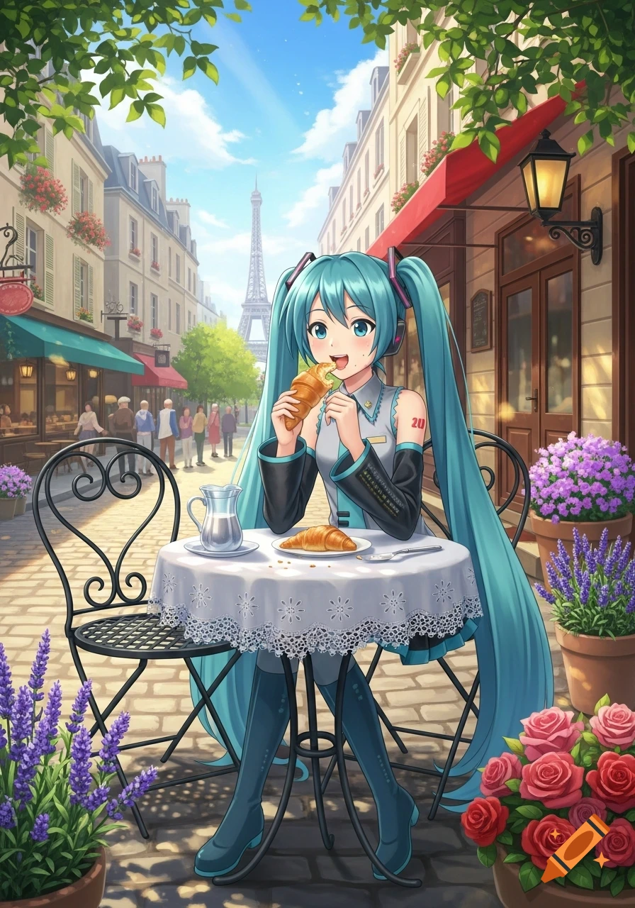 Hatsune Miku in anime style eating a croissant at an outdoor cafe in Paris with the Eiffel Tower in the background.