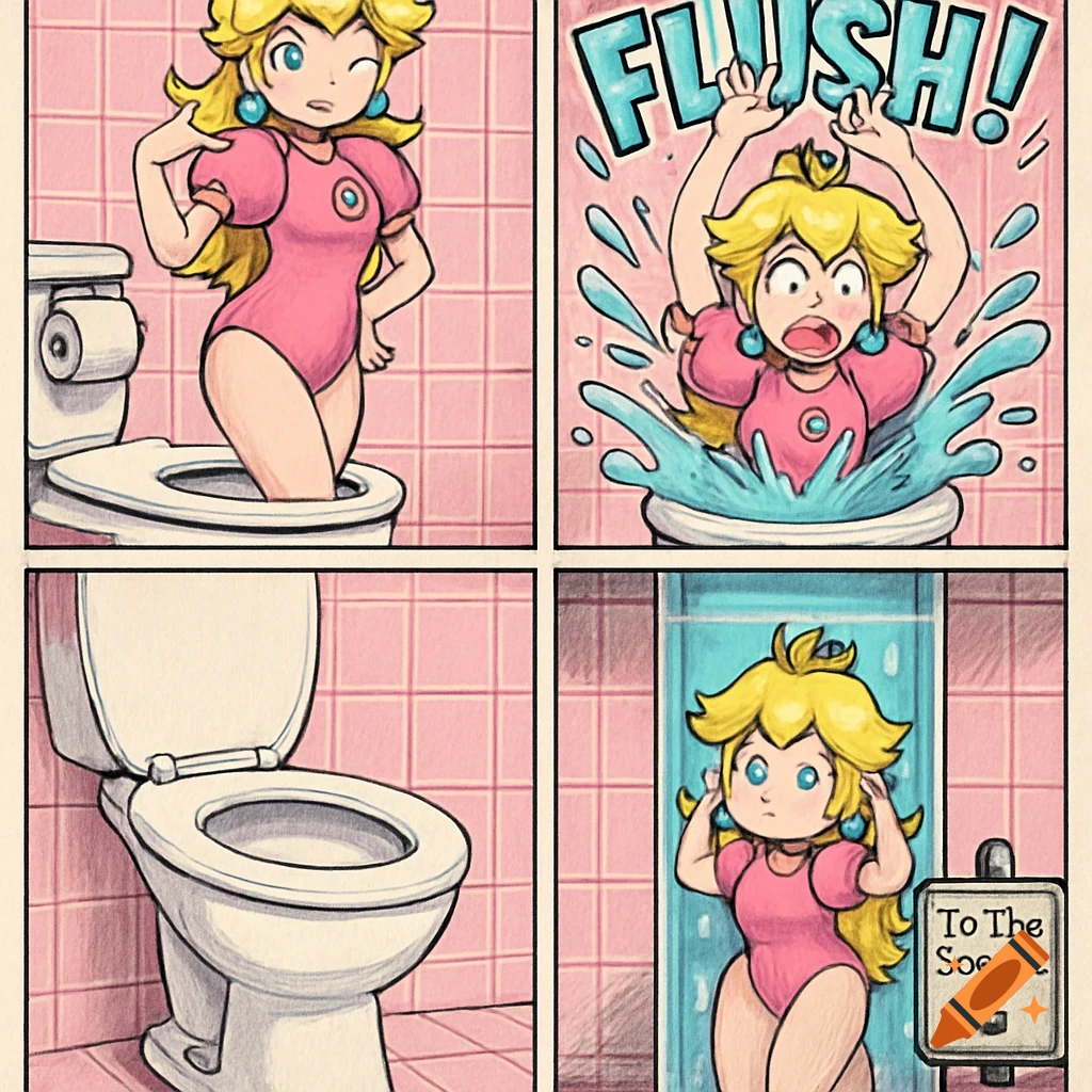 Manga style comic strip of Princess Peach getting flushed down a toilet and traveling through plumbing pipes in a pink bathroom.
