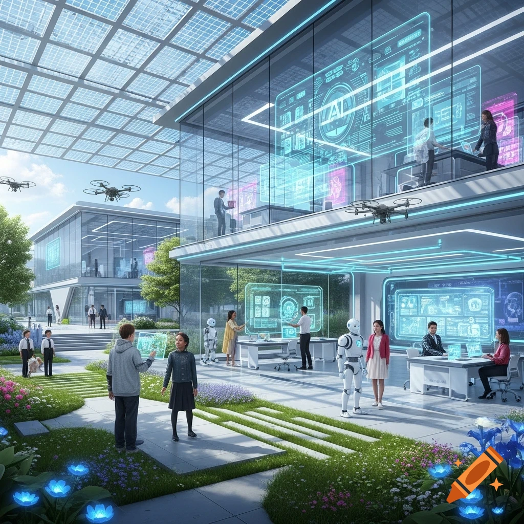 A modern, futuristic school campus with glass buildings, solar panel ...