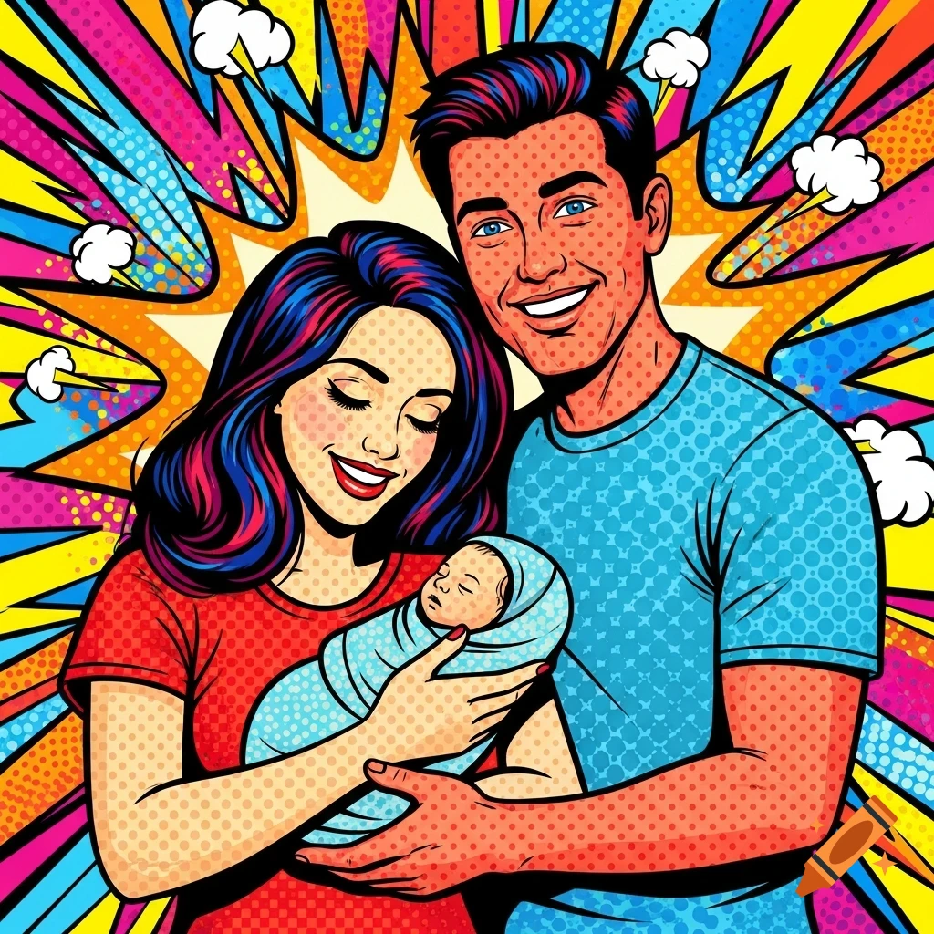 Pop art illustration of a happy mother and father holding their swaddled baby, with a vibrant burst background.