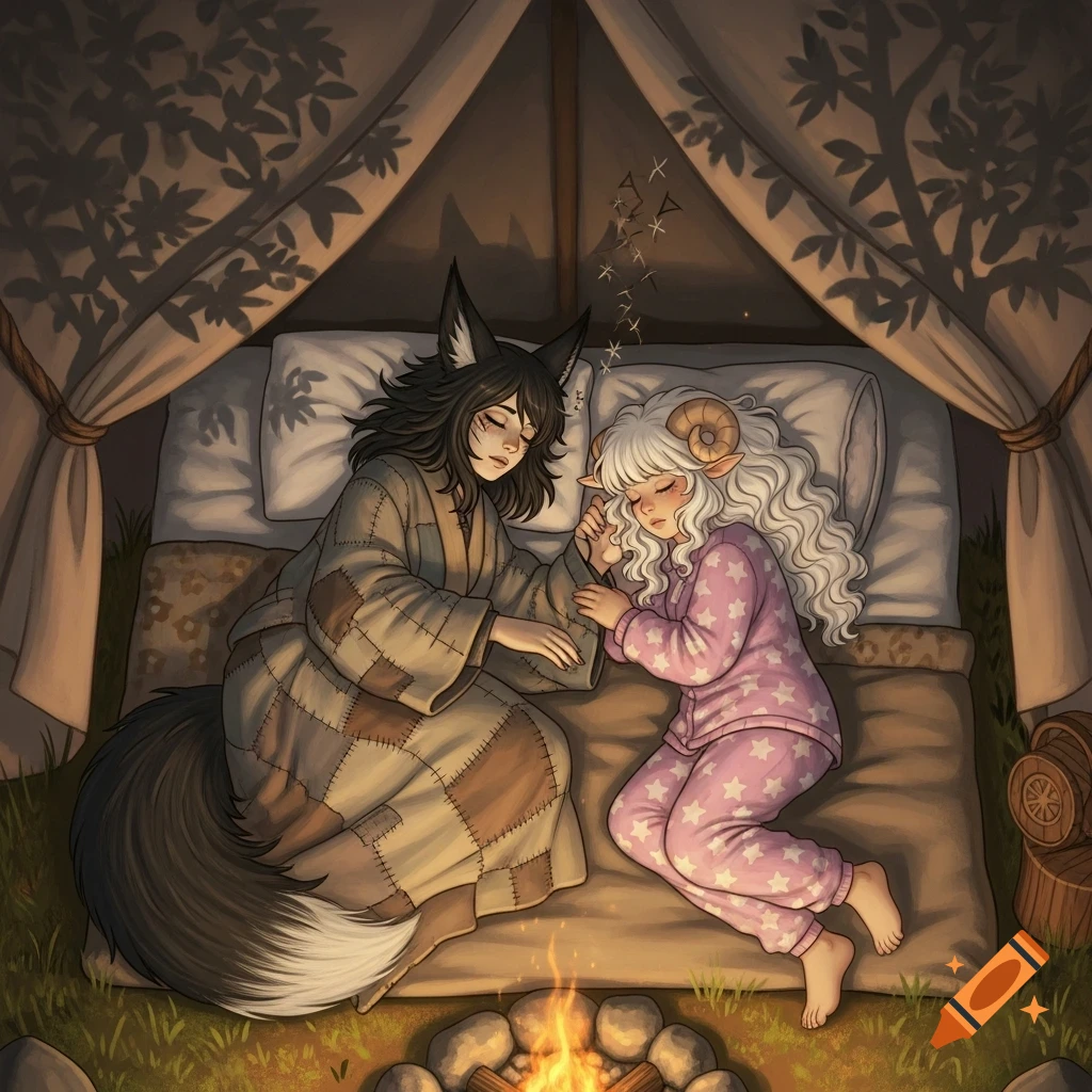Illustrated scene of a kitsune woman and a sheep-horned girl sleeping peacefully in a tent by a campfire.