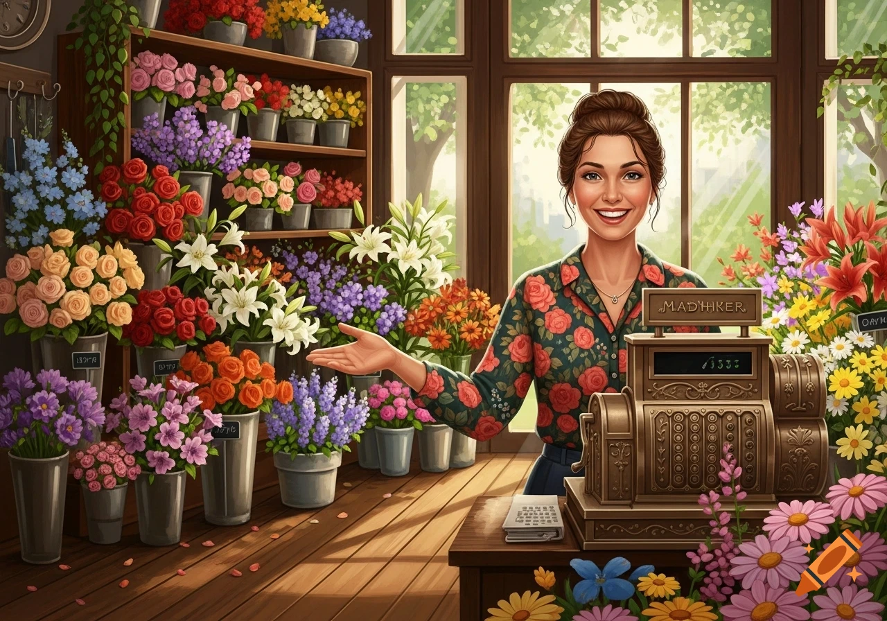 A smiling shopkeeper stands behind a cash register in a vibrant flower shop filled with many colorful bouquets.