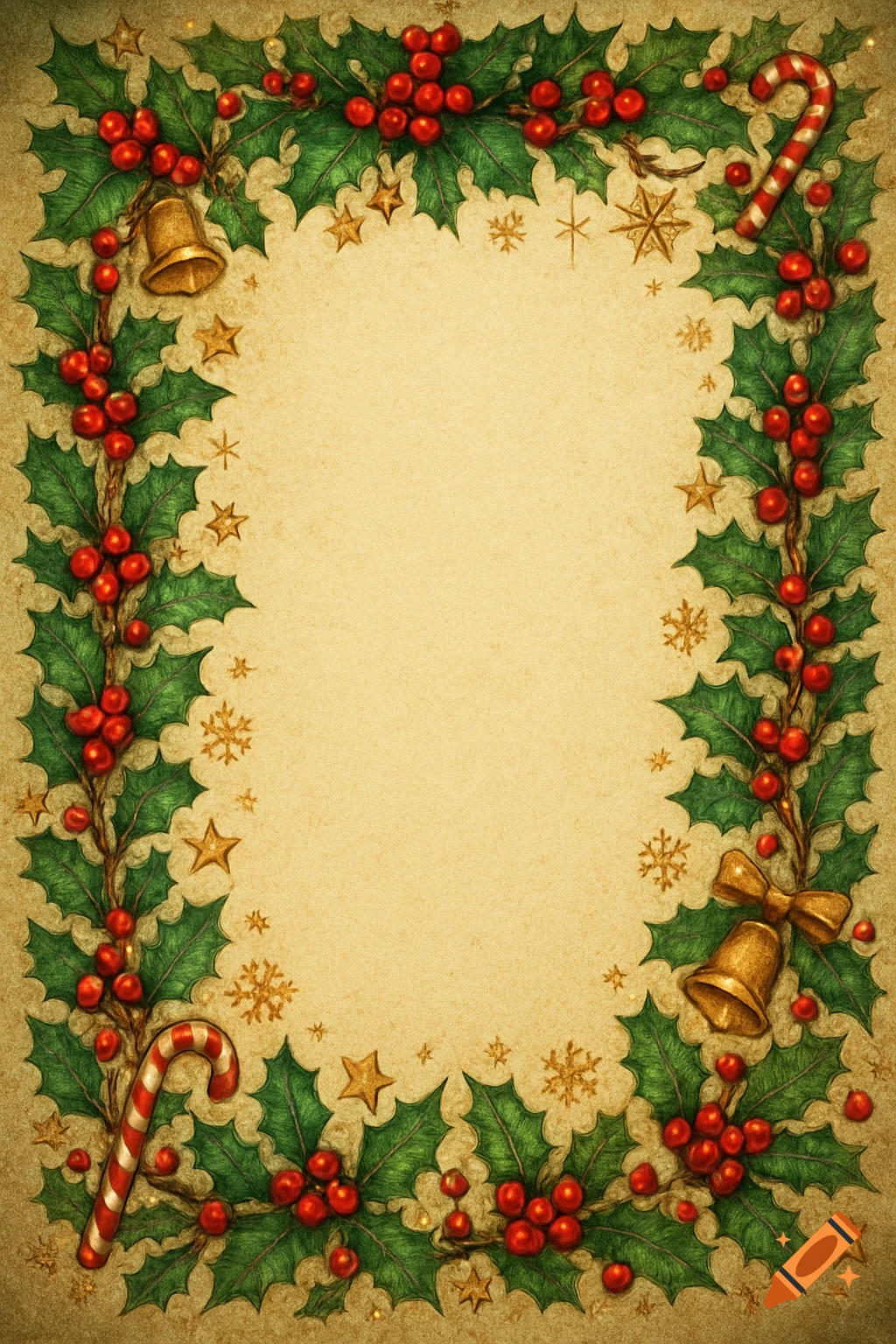 Vintage Christmas border with holly, red berries, gold bells, candy canes, stars, and snowflakes on textured parchment paper.