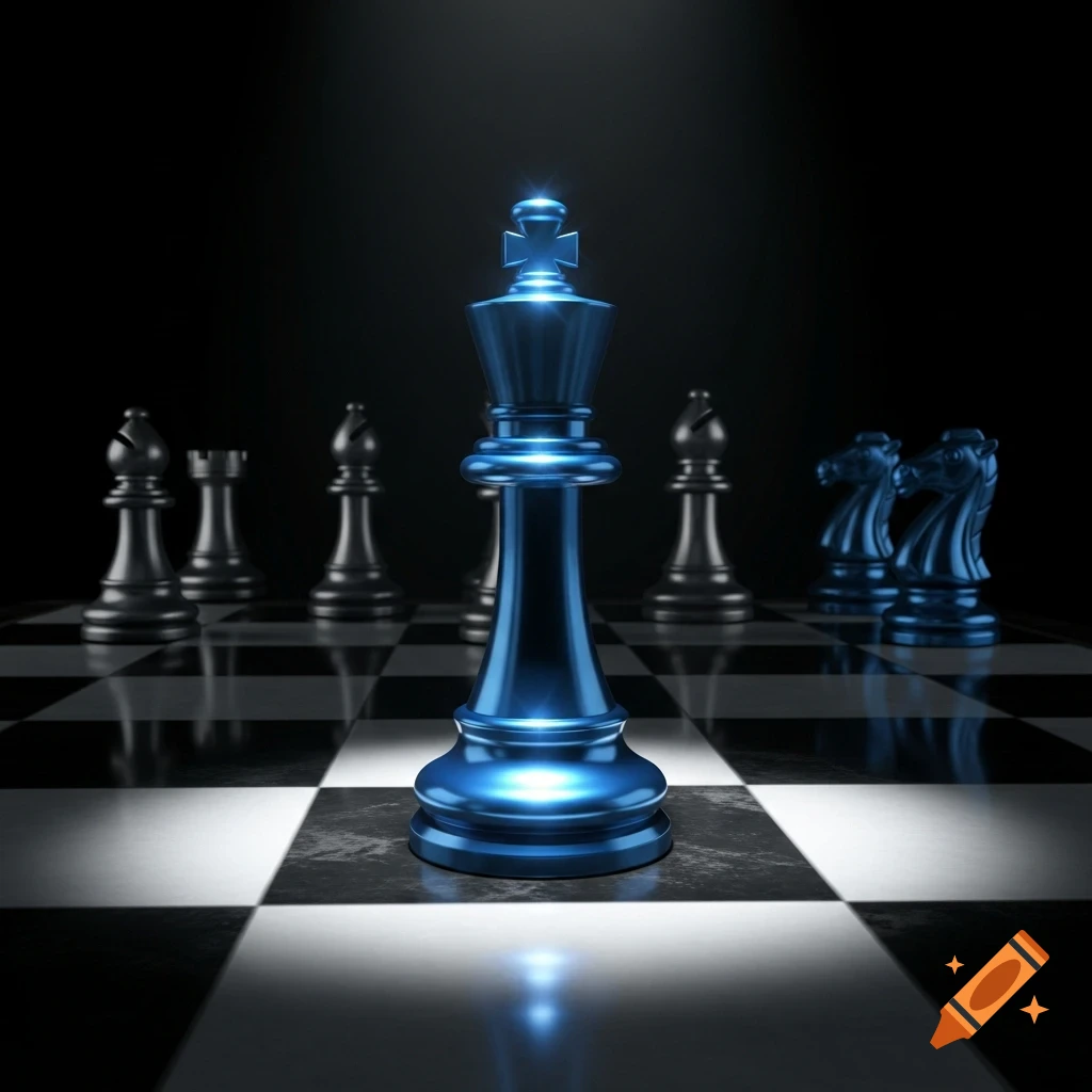 A blue metallic king chess piece stands prominently on a chessboard with a dark background, lit by a spotlight.