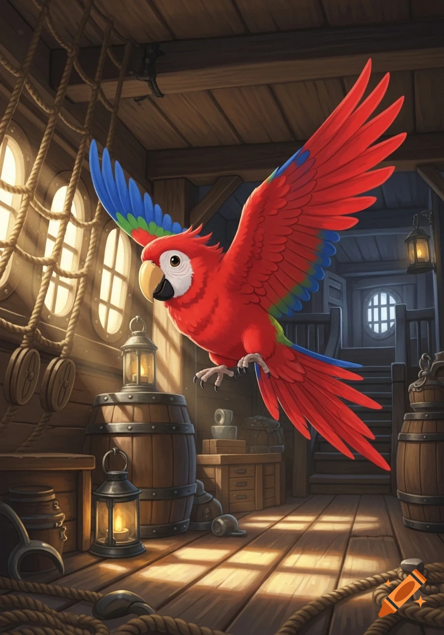 A vibrant red parrot with blue and green wing tips flies inside a dimly lit pirate ship cabin with barrels, ropes, and lanterns, in a Ghibli-inspired style.