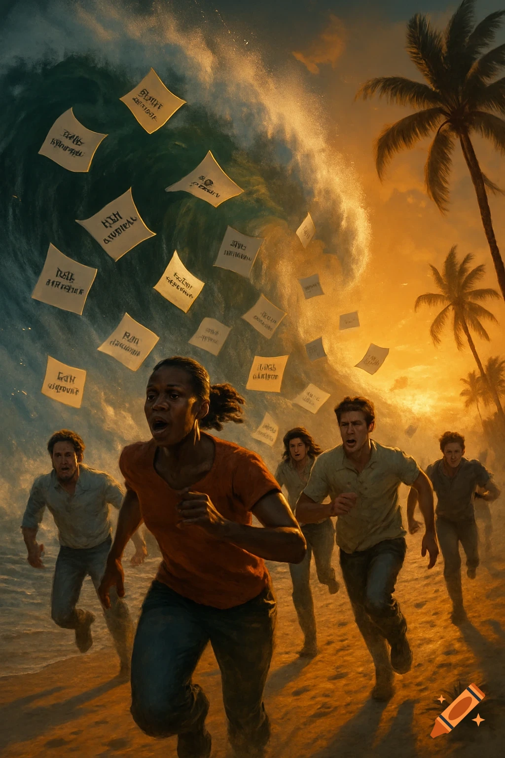 Several people running on a beach away from a massive tsunami wave with numerous papers flying in the air at sunset.