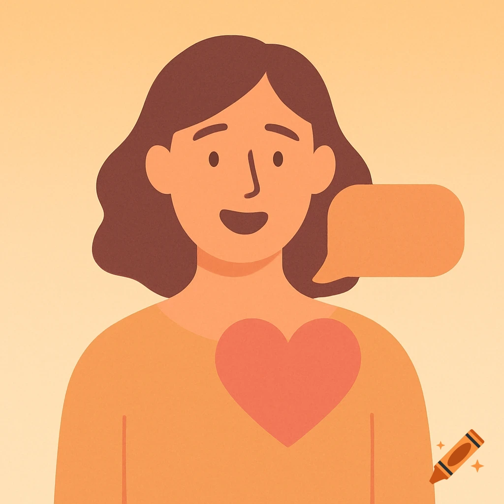 Flat vector illustration of a person with a smiling face, a red heart on their chest, and an empty speech bubble, in warm tones.