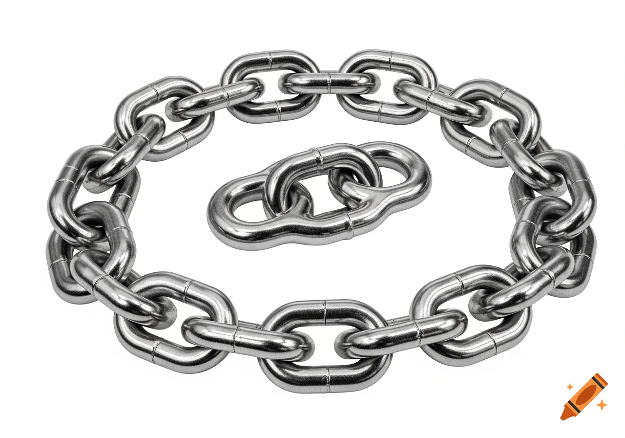 Photorealistic image of a shiny silver metal chain forming a circle, with two additional interlinked links in the center, on a white background.