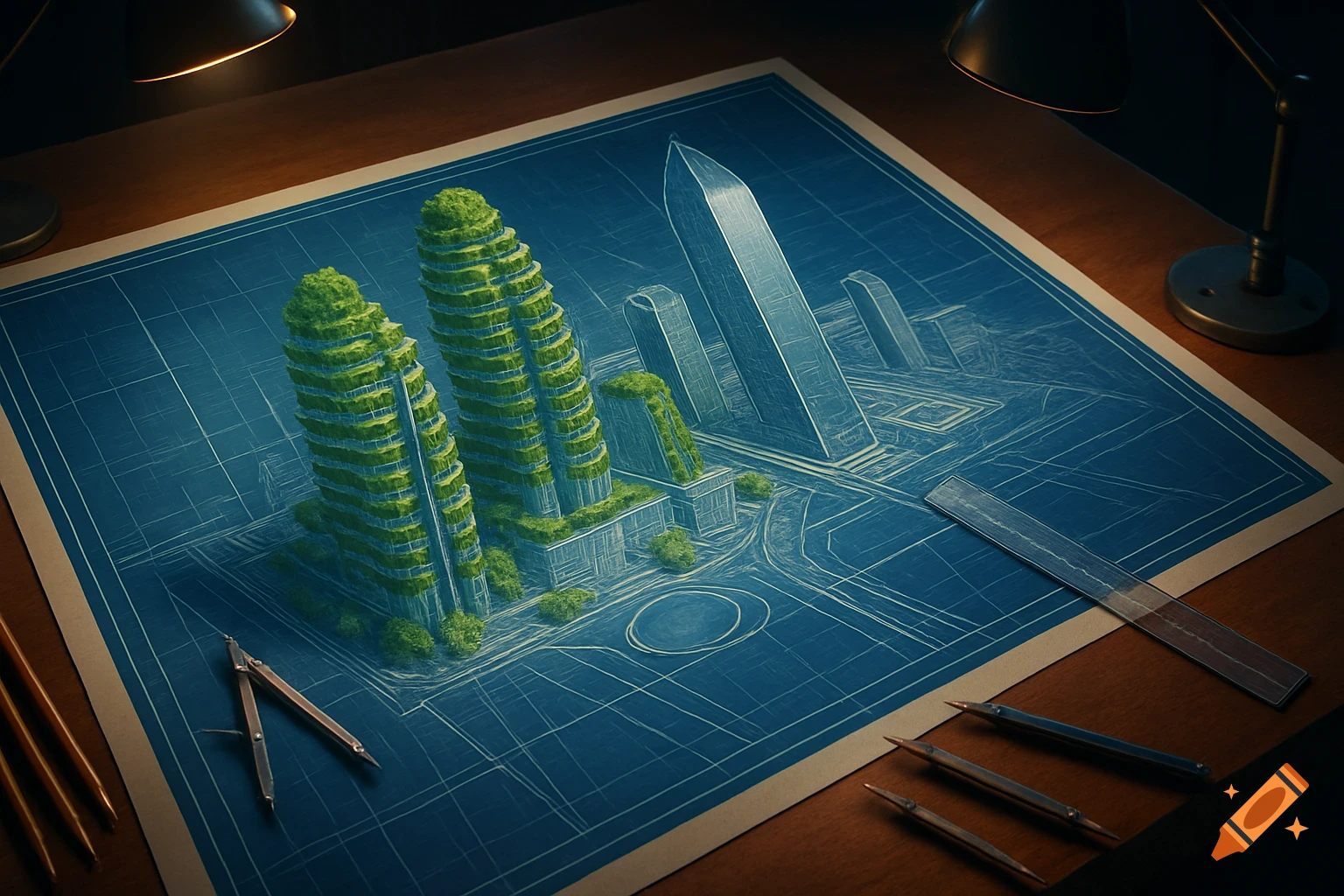 Architectural blueprint on a desk showing green skyscrapers and urban design, with drafting tools nearby.