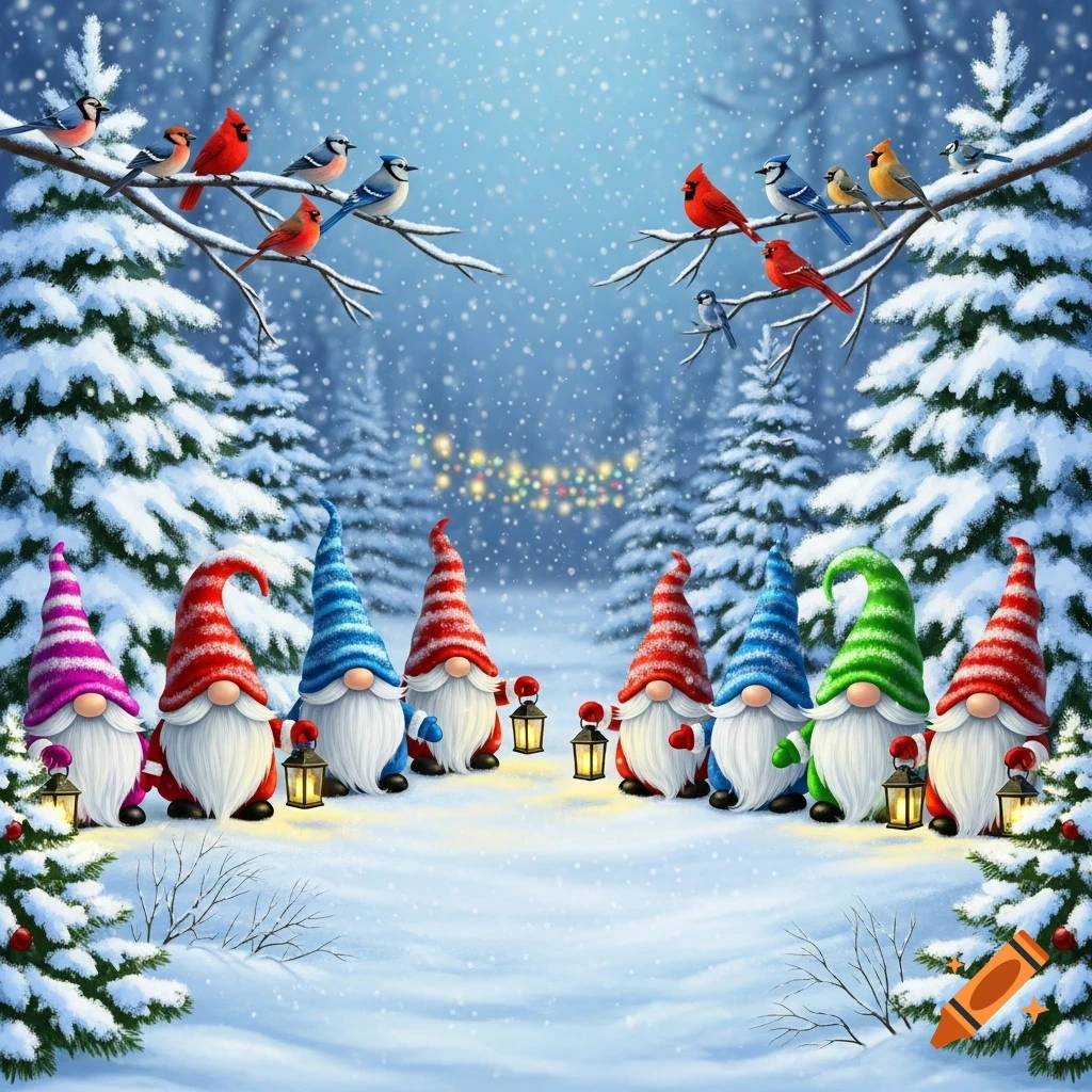 Multiple colorful gnomes with lanterns stand in a snowy forest scene with birds on snow-covered branches and festive string lights.