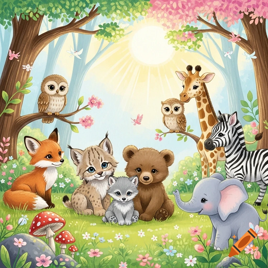 A whimsical illustration of various baby animals including a fox, lynx, wolf, bear, two owls, a giraffe, a zebra, and an elephant, gathered in a sunny, colorful forest with blooming flowers and trees.