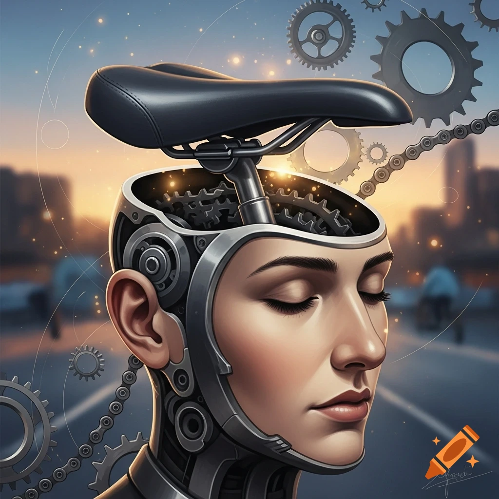 Close-up of a woman's head fused with mechanical parts, a bicycle seat on top, gears inside and floating in an urban sunset with chains.