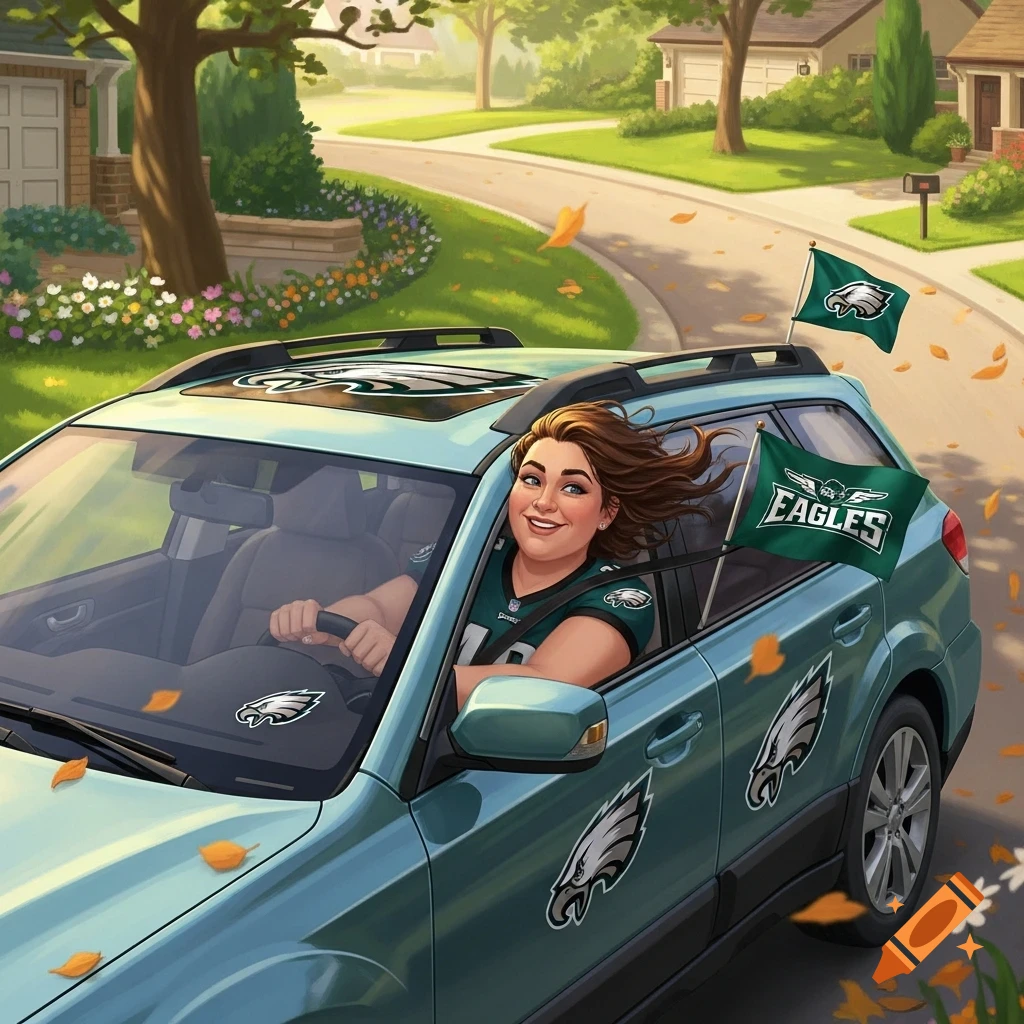 A smiling woman in an Eagles jersey drives a teal SUV decorated with Eagles flags and logos, while autumn leaves fall around her.