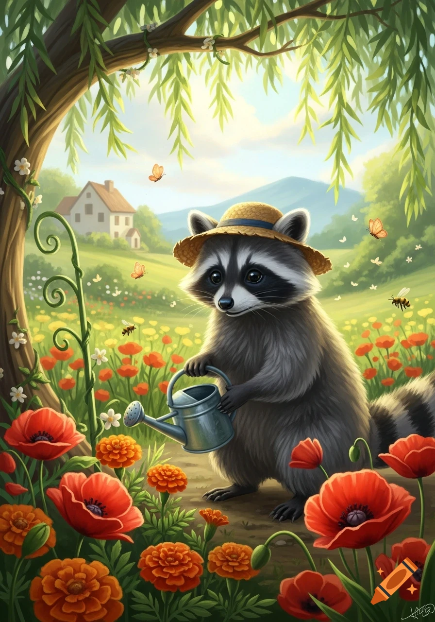 A whimsical illustration of a raccoon in a straw hat watering vibrant red and orange flowers in a lush garden with a house in the background.
