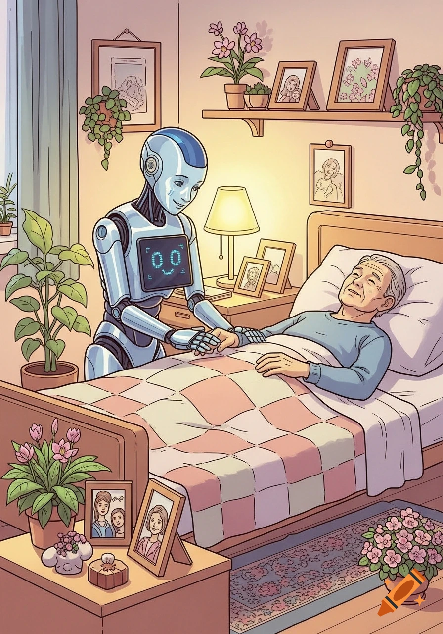 A comic-style illustration of a friendly robot with a smiley screen holding the hand of an elderly person lying in bed, providing care.