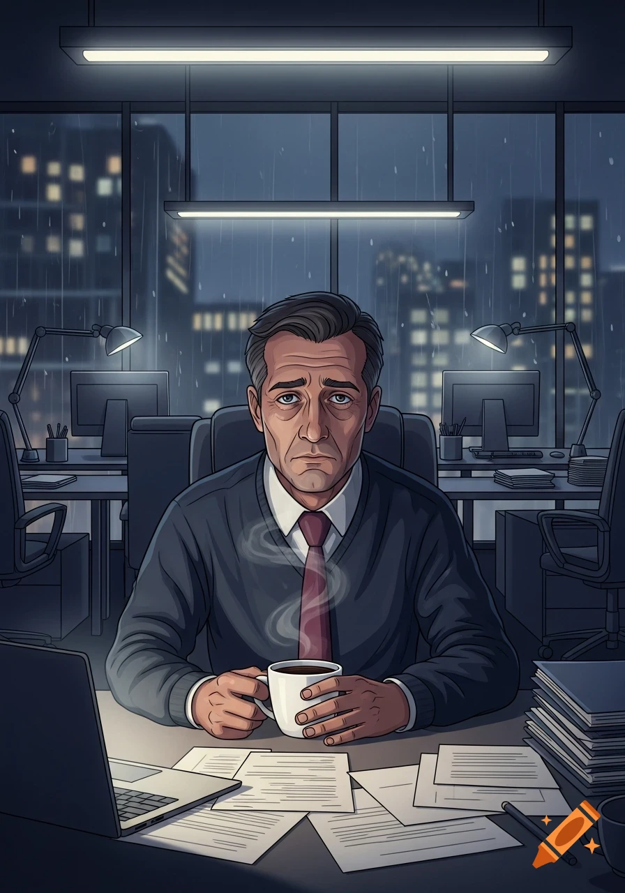 Illustrated sad man at an office desk with a steaming coffee cup, city rain outside the window.