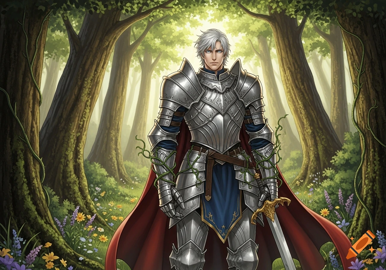 A knight with silver hair and blue eyes, wearing elaborate silver armor and a red cape, stands in a magical forest filled with tall trees and wildflowers in a detailed manhwa art style.