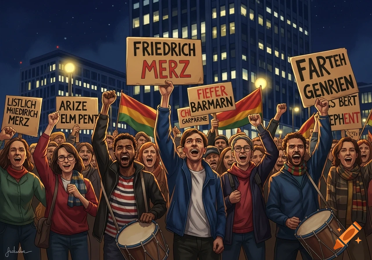 An illustrative image of a diverse crowd demonstrating at night, holding signs and flags, with city buildings in the background.