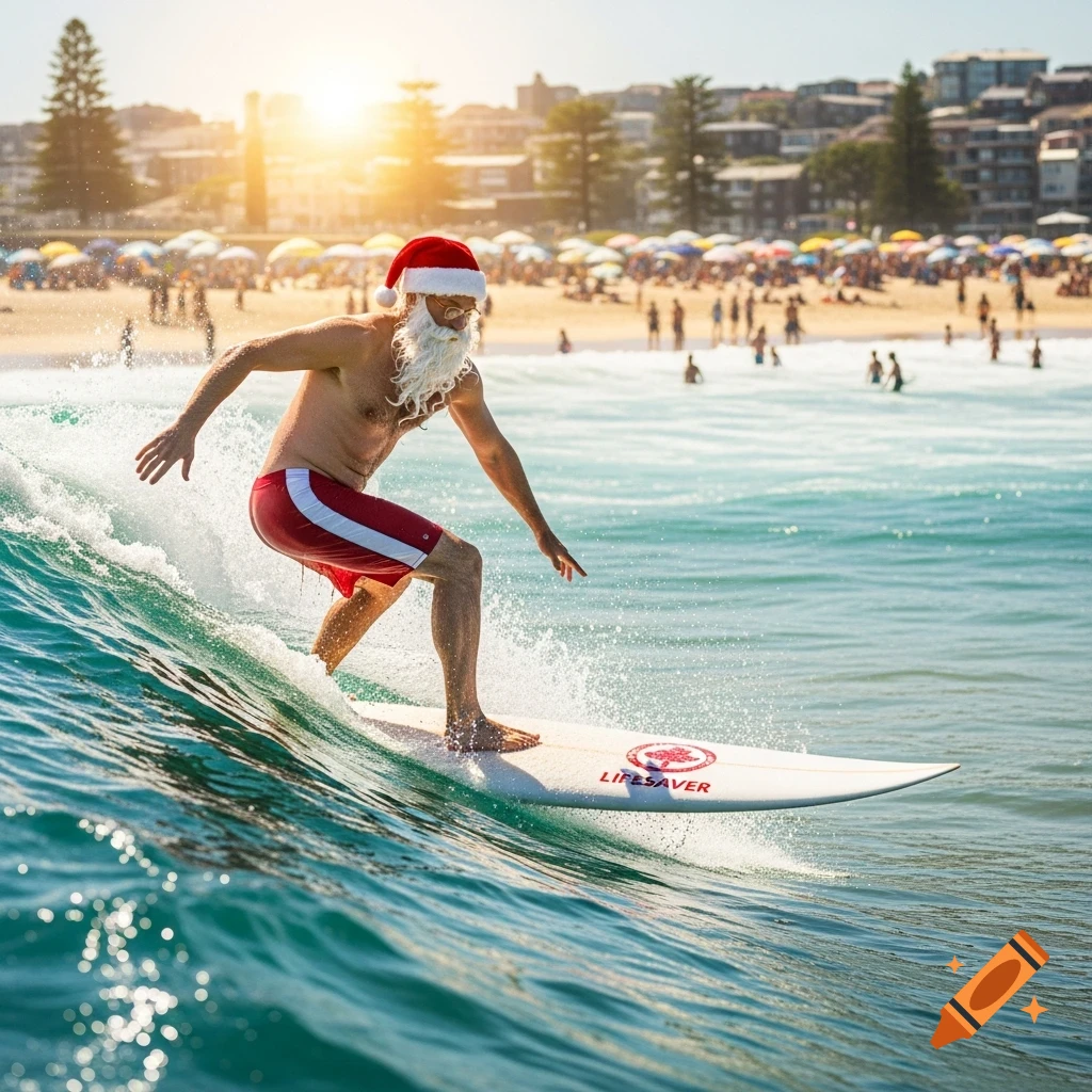 A photorealistic image of Santa Claus in red swim shorts and a Santa hat, surfing on a wave at a sunny beach with many people in the background.