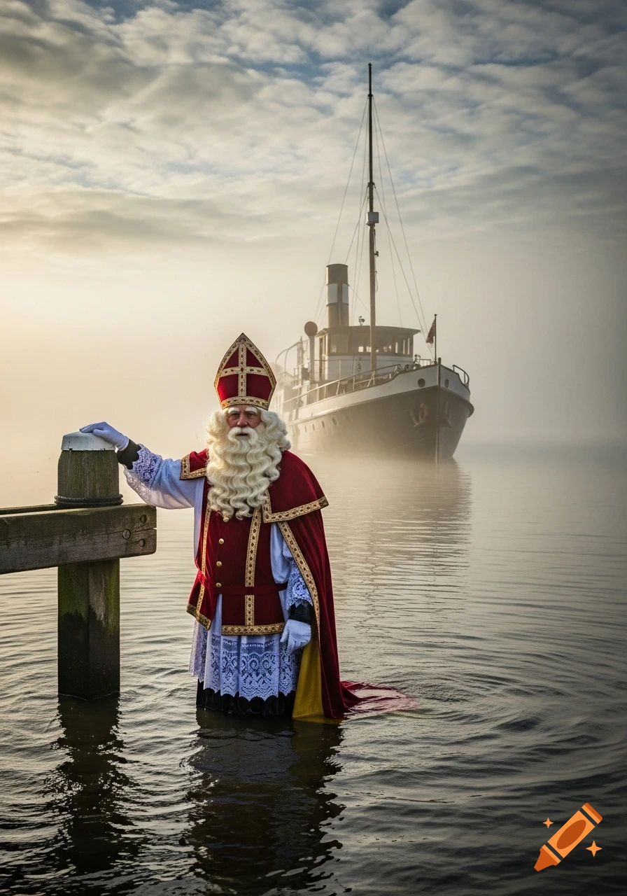 Sinterklaas in a red and white robe stands in a misty river next to a pier post, with a steamboat in the background at dawn.