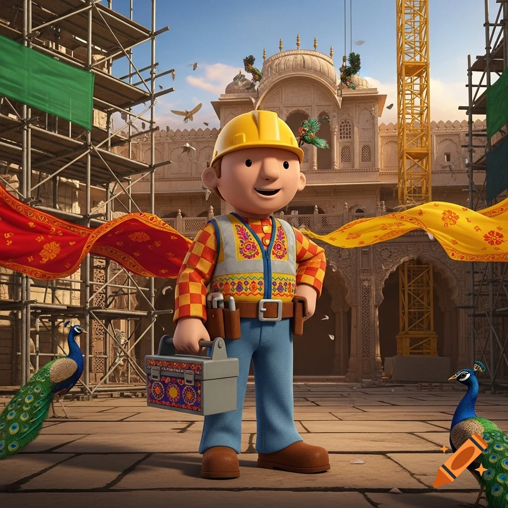 Bob the Builder, wearing an embroidered vest, stands at an Indian construction site with peacocks and flowing fabrics.