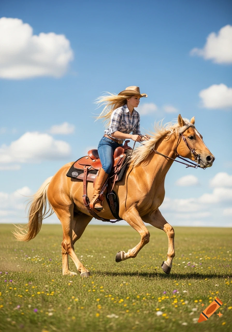 A blonde woman in a plaid shirt, jeans, cowboy boots, and hat rides a golden horse at a gallop across a grassy meadow under a blue sky with white clouds in a photorealistic style.