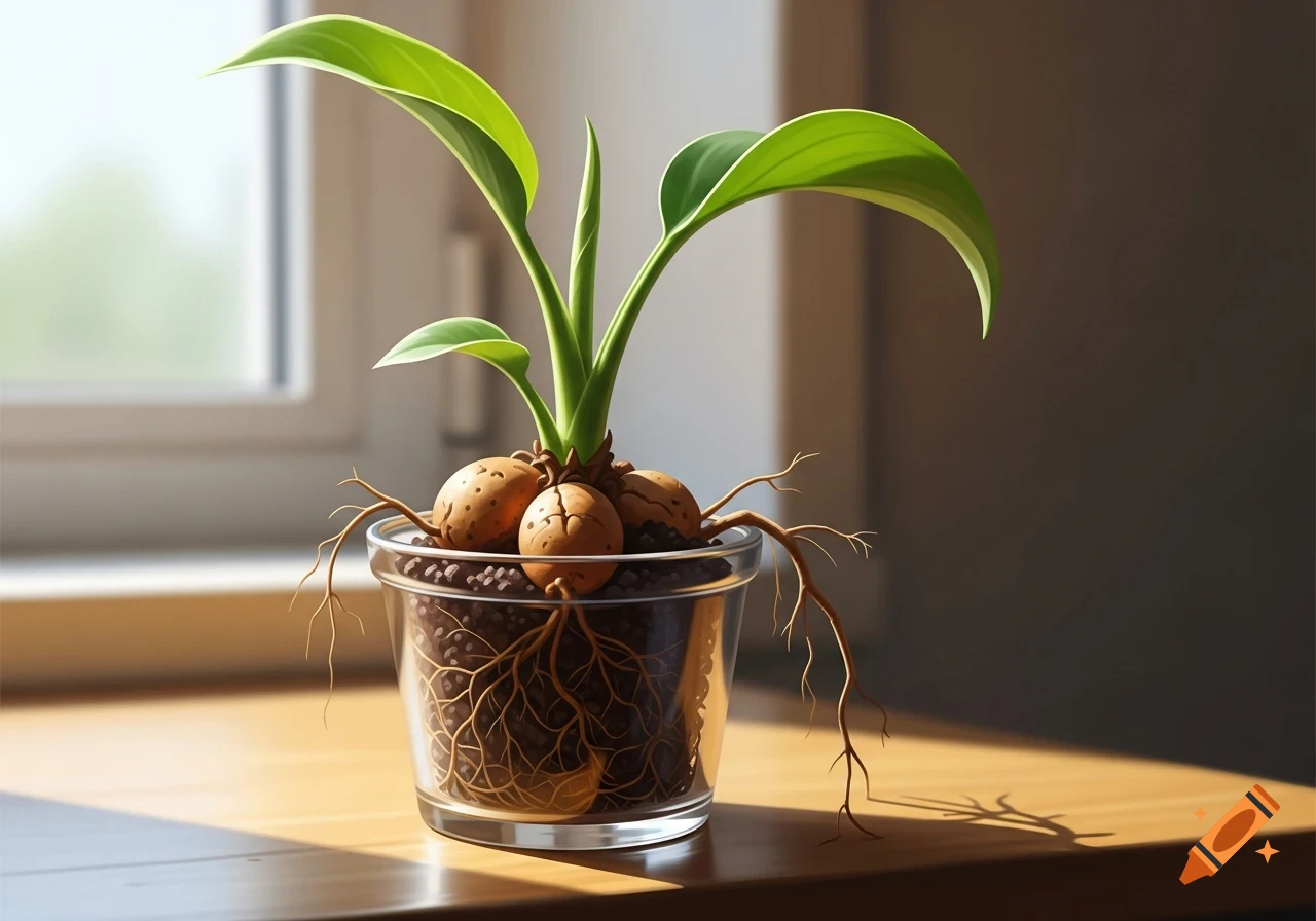 A vibrant green plant with visible roots overflowing a small clear glass pot sits on a sunlit wooden table near a window.