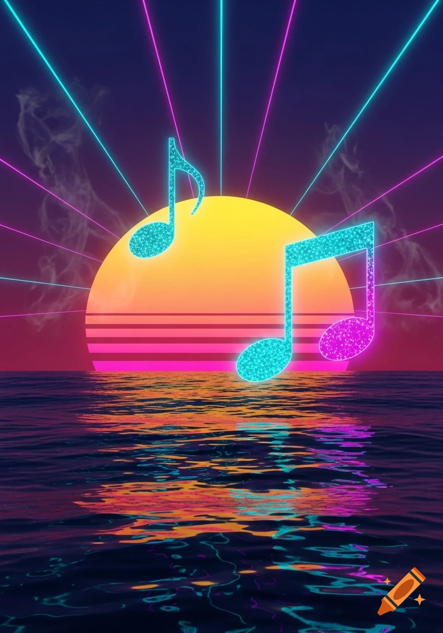 Synthwave digital art of two glowing music notes in front of a brilliant striped sunset over a dark blue ocean with neon laser lines.