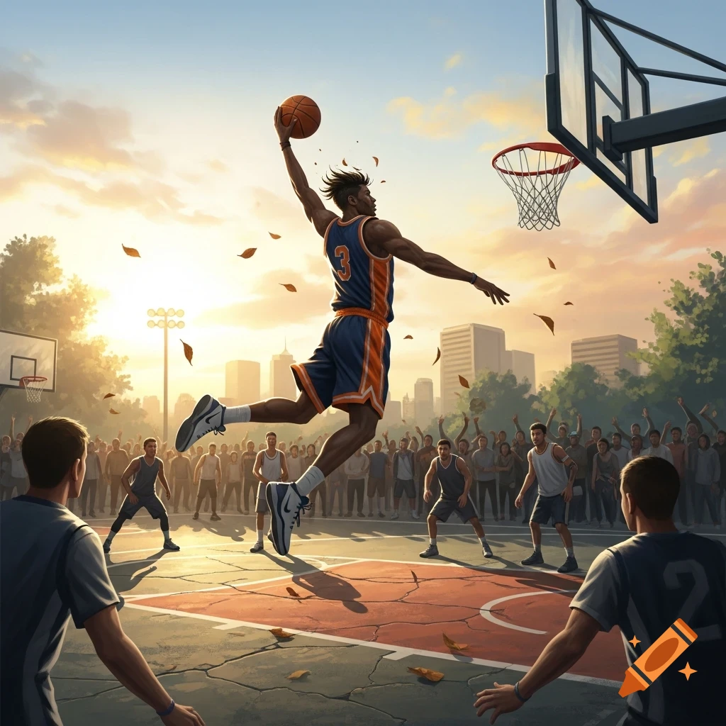 Dynamic illustration of a basketball player mid-dunk on an outdoor court at sunset, with a crowd watching.