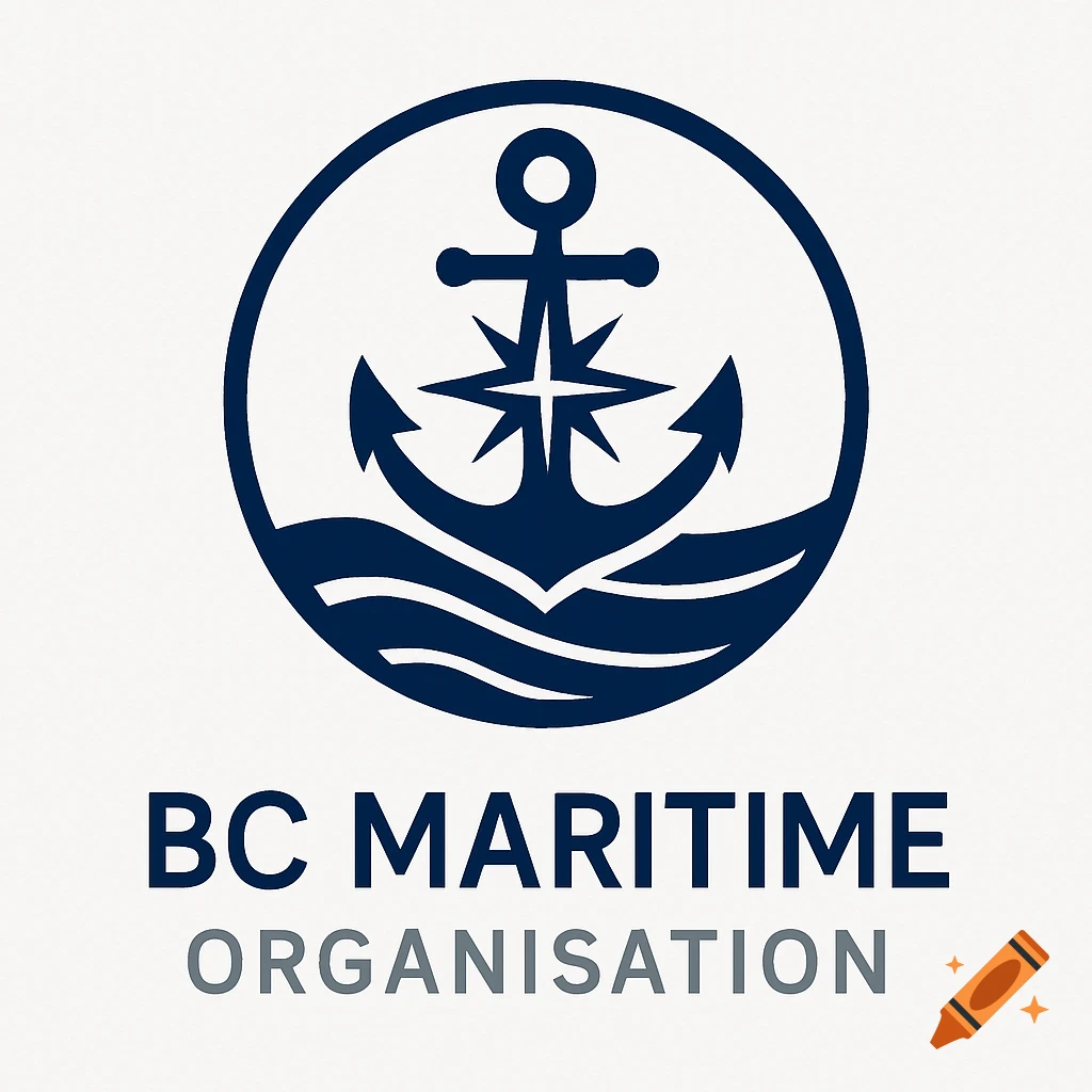 A blue and white logo features a stylized anchor with a compass rose in the center, encircled by waves, above the text "BC MARITIME ORGANISATION".