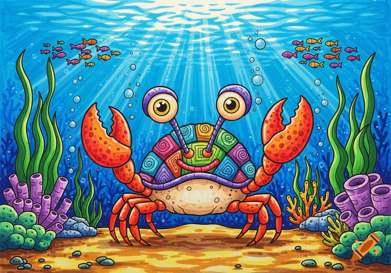 A vibrant marker drawing of a cartoon crab with googly eyes, surrounded by colorful coral, seaweed, and fish in an underwater scene.