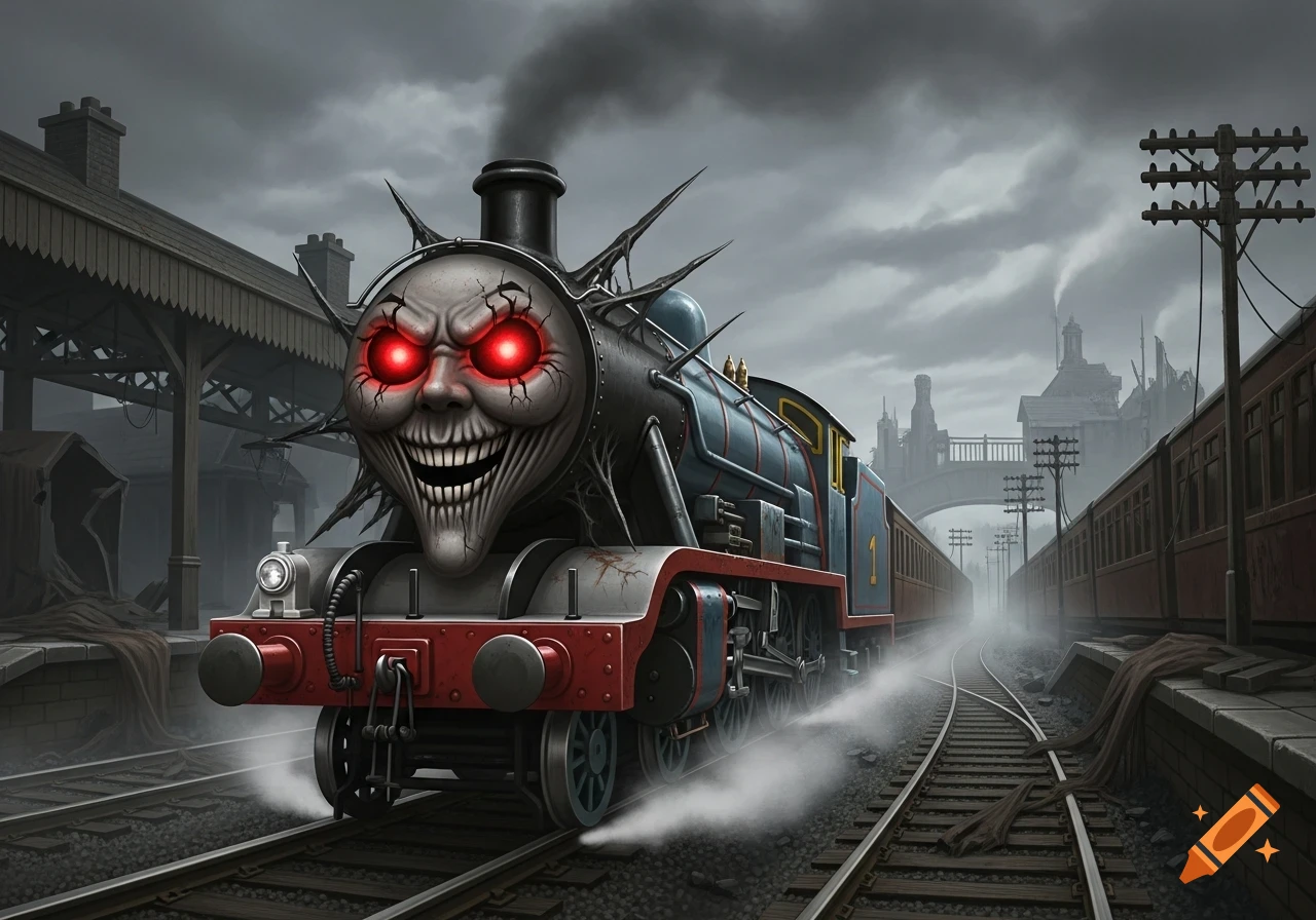 A demonic, cracked Thomas the Tank Engine with glowing red eyes and spikes in a gloomy, dark, abandoned train station.