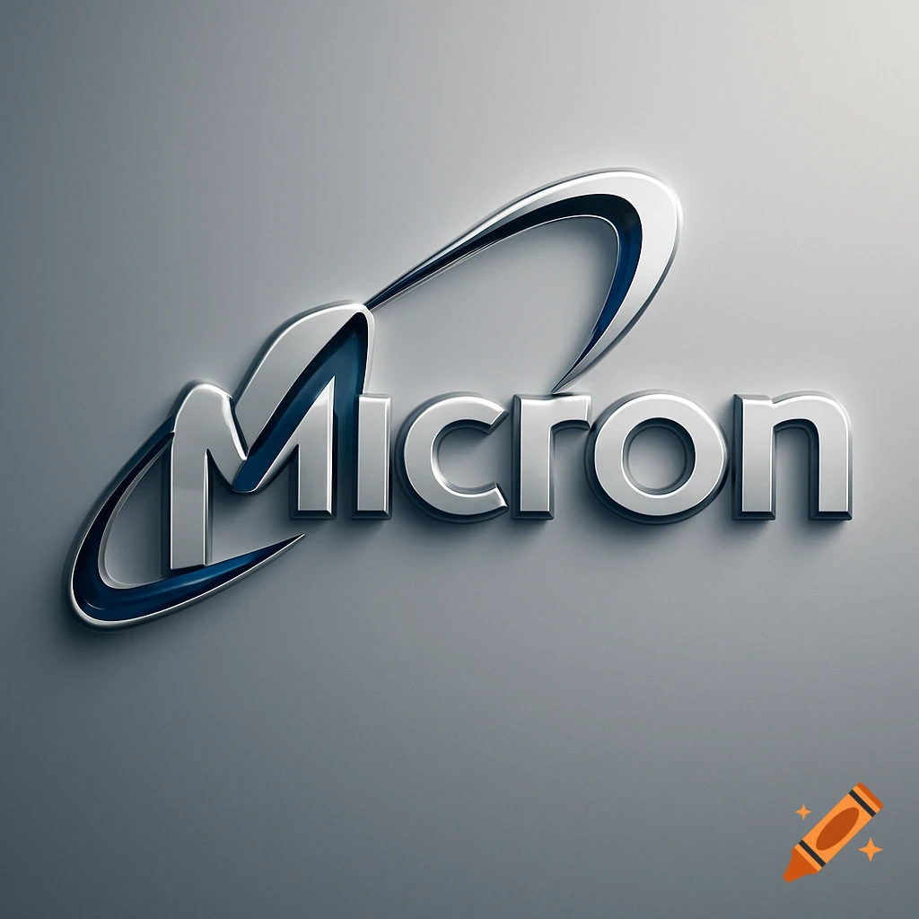 A shiny, silver, and blue 3D logo for "Micron" with a stylized 'M' and a sweeping arc, on a light gray background.