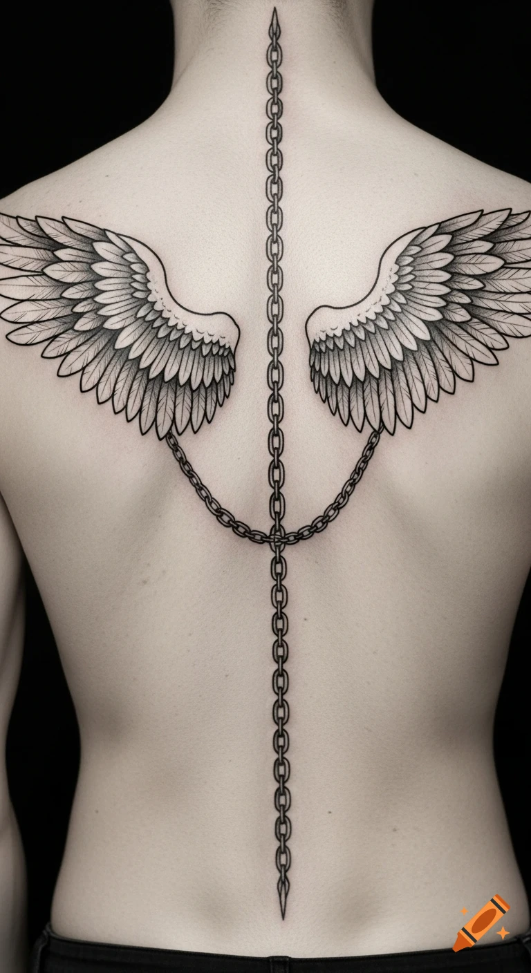 A person's back with a detailed black and white tattoo featuring two wings connected by chains to a long chain running down the spine.