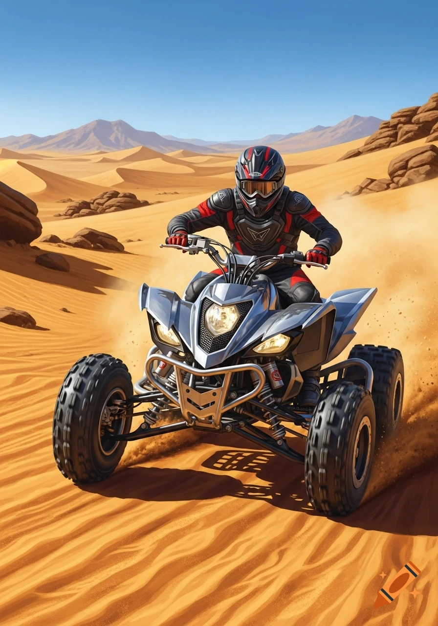 A person in red and black racing gear rides a silver quad bike through a dusty desert landscape with sand dunes and mountains under a clear blue sky.