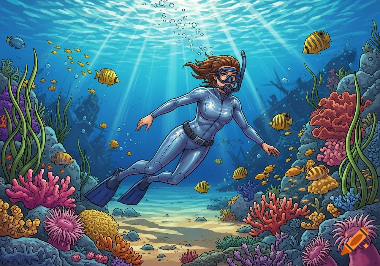 Cartoon style illustration of a woman in a grey wetsuit and flippers scuba diving among colorful coral and tropical fish in clear blue water.