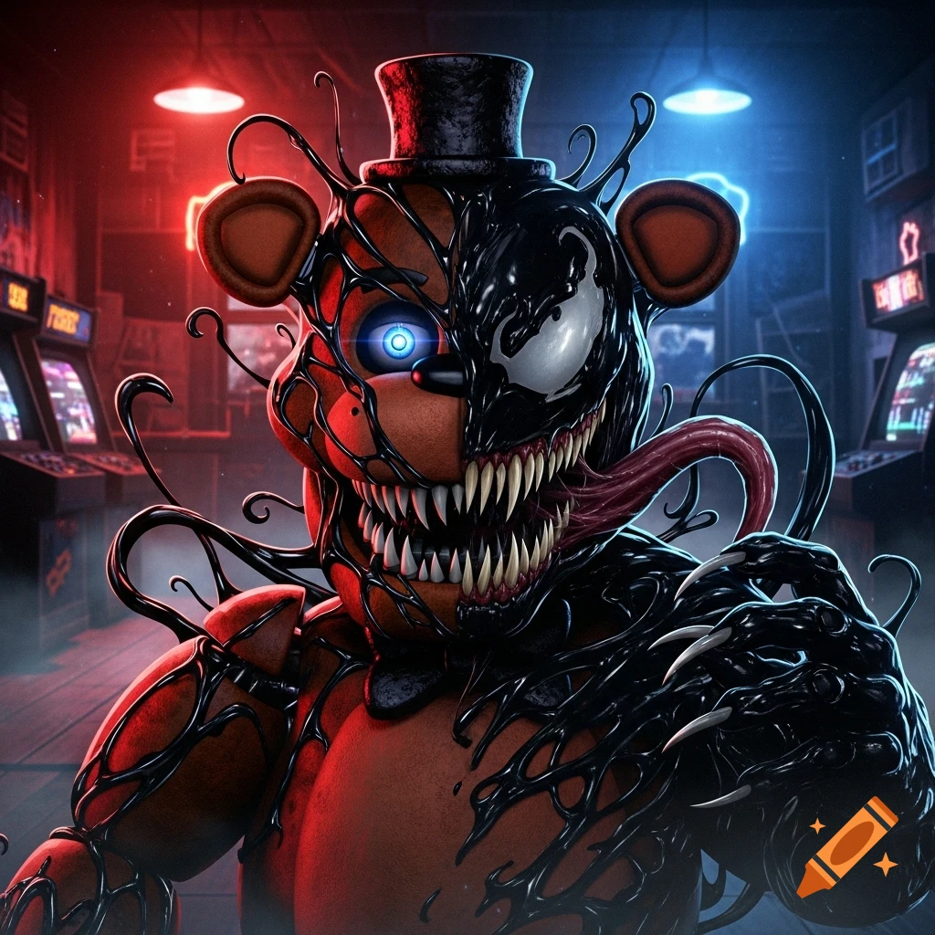 A horror digital art portrait of Freddy Fazbear merged with Venom, featuring a glowing blue eye, sharp teeth, and black tendrils in a neon-lit arcade.