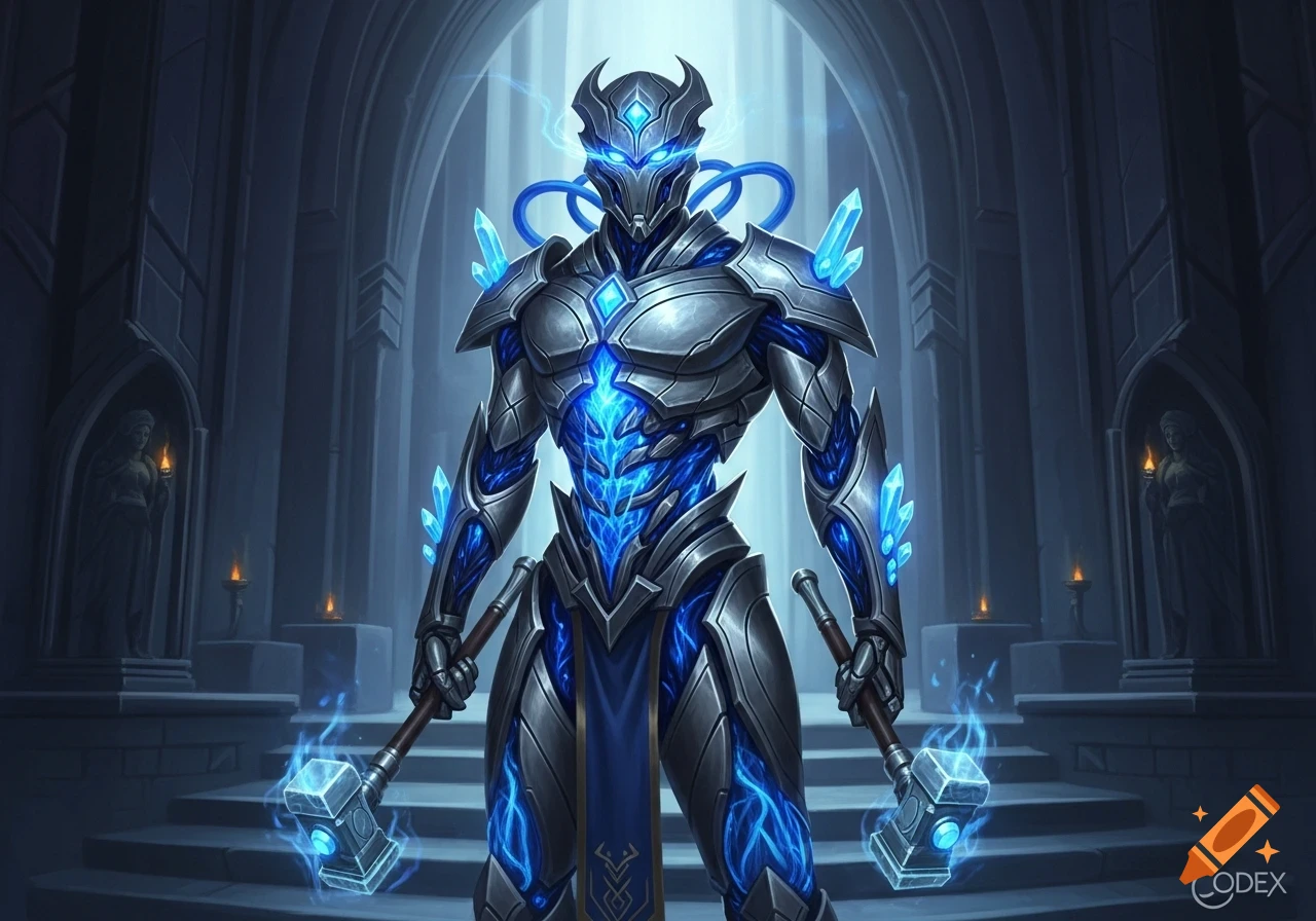 Blue and silver armored humanoid figure with glowing energy and crystals, holding two glowing hammers in an ancient hall.
