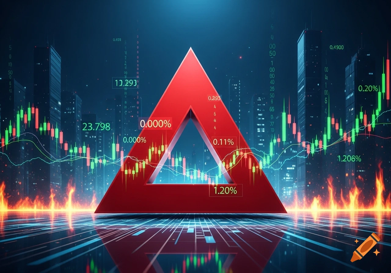 A large red triangle stands on a reflective surface amidst a dark city skyline, enveloped by financial charts, data, and fiery glows.
