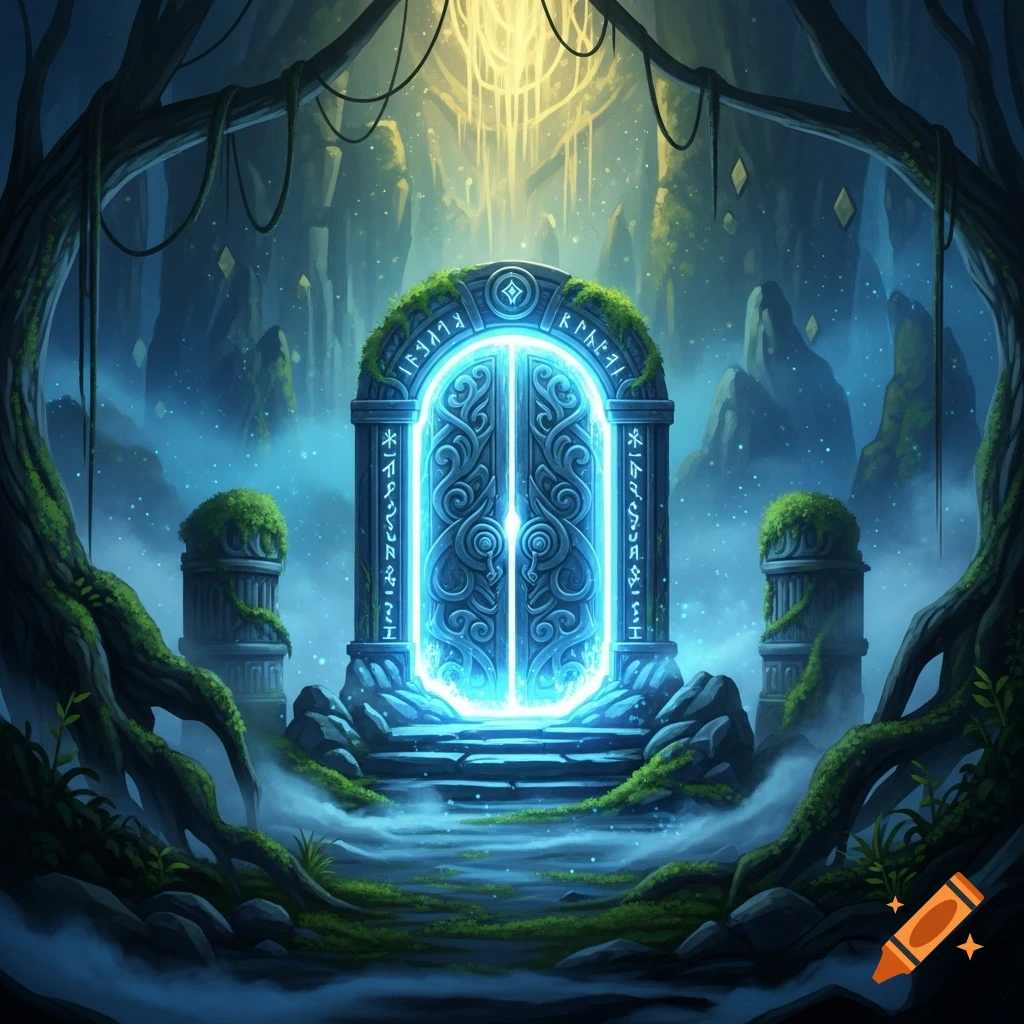 A blue glowing, ornate doorway emerges from a thick mist in an ancient, root-filled fantasy forest, bathed in magical light. Anime style.