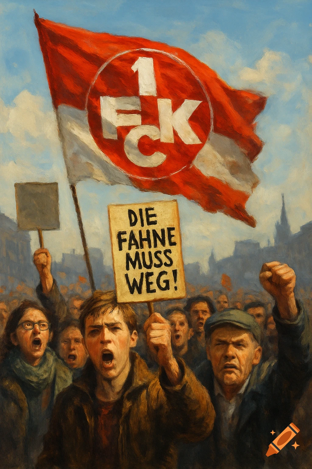 A painting of a protesting crowd, with a large red and white flag displaying "1. FCK" waving above. A man holds a sign that reads "DIE FAHNE MUSS WEG!"