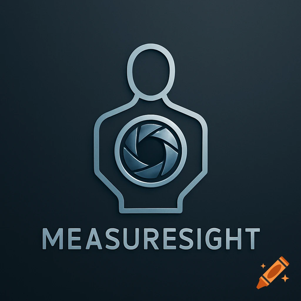 Sleek metallic silver logo on dark grey: human outline with camera aperture in chest, 'MEASURESIGHT' text below.
