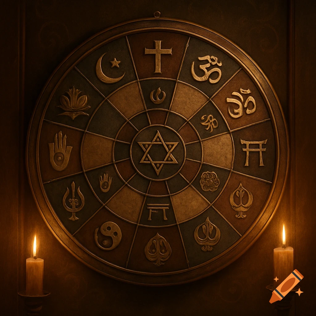 Bronze-toned circular emblem featuring various religious symbols like the Star of David, Cross, and Om, flanked by two lit candles.