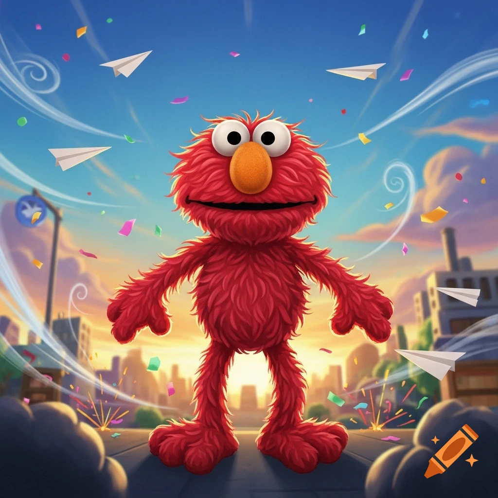 A smiling, furry red Elmo stands in a whimsical city with paper airplanes and confetti under a sunset sky.