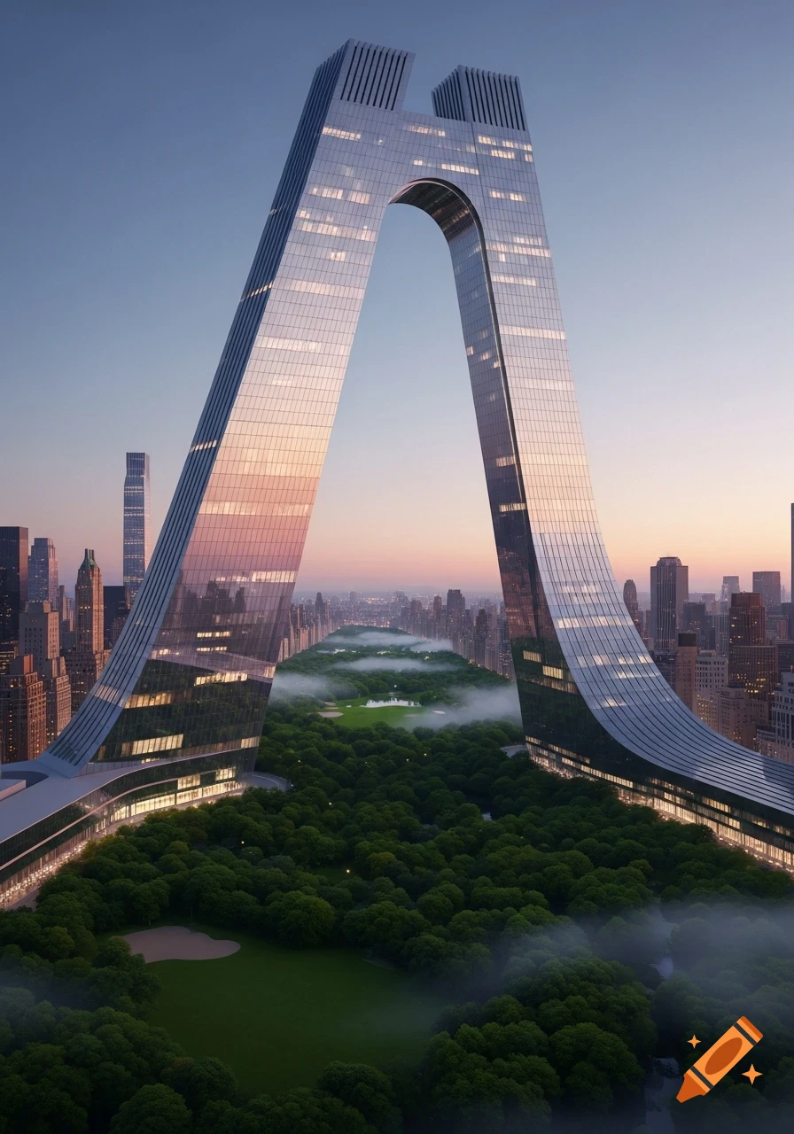 A photorealistic image of a futuristic, arch-shaped skyscraper towering over a foggy Central Park, with a city skyline at sunset.