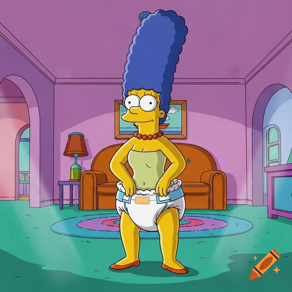 Marge Simpson in a light green tube top and a large white diaper, standing in her cartoon living room.